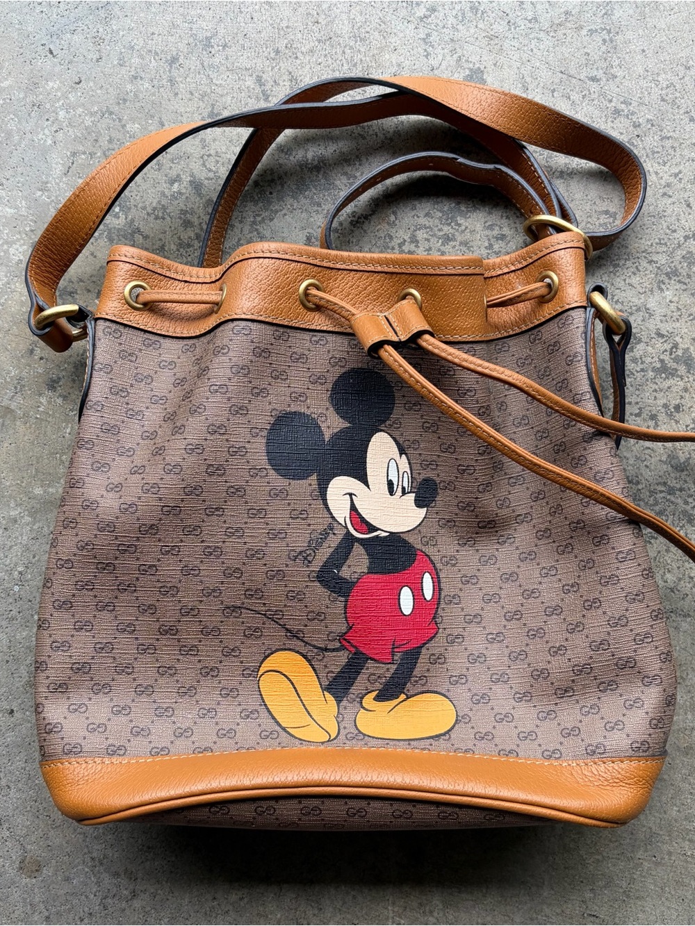 Gucci x Disney Brown Mickey Print Drawstring Bucket Shoulder Bag